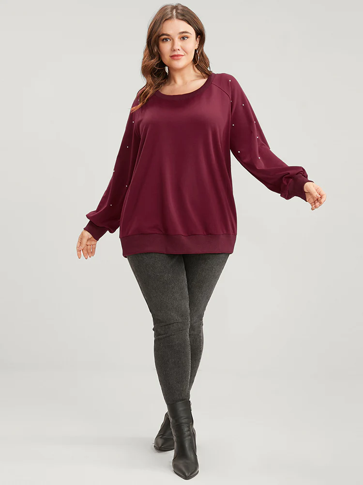 Solid Pearls Beaded Raglan Sleeve Drop Shoulder Sweatshirt - Image 5