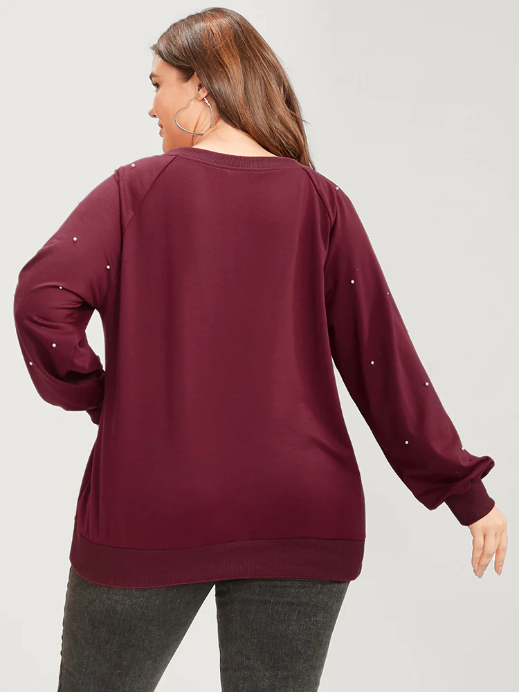 Solid Pearls Beaded Raglan Sleeve Drop Shoulder Sweatshirt - Image 7