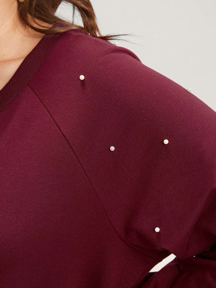 Solid Pearls Beaded Raglan Sleeve Drop Shoulder Sweatshirt - Image 9