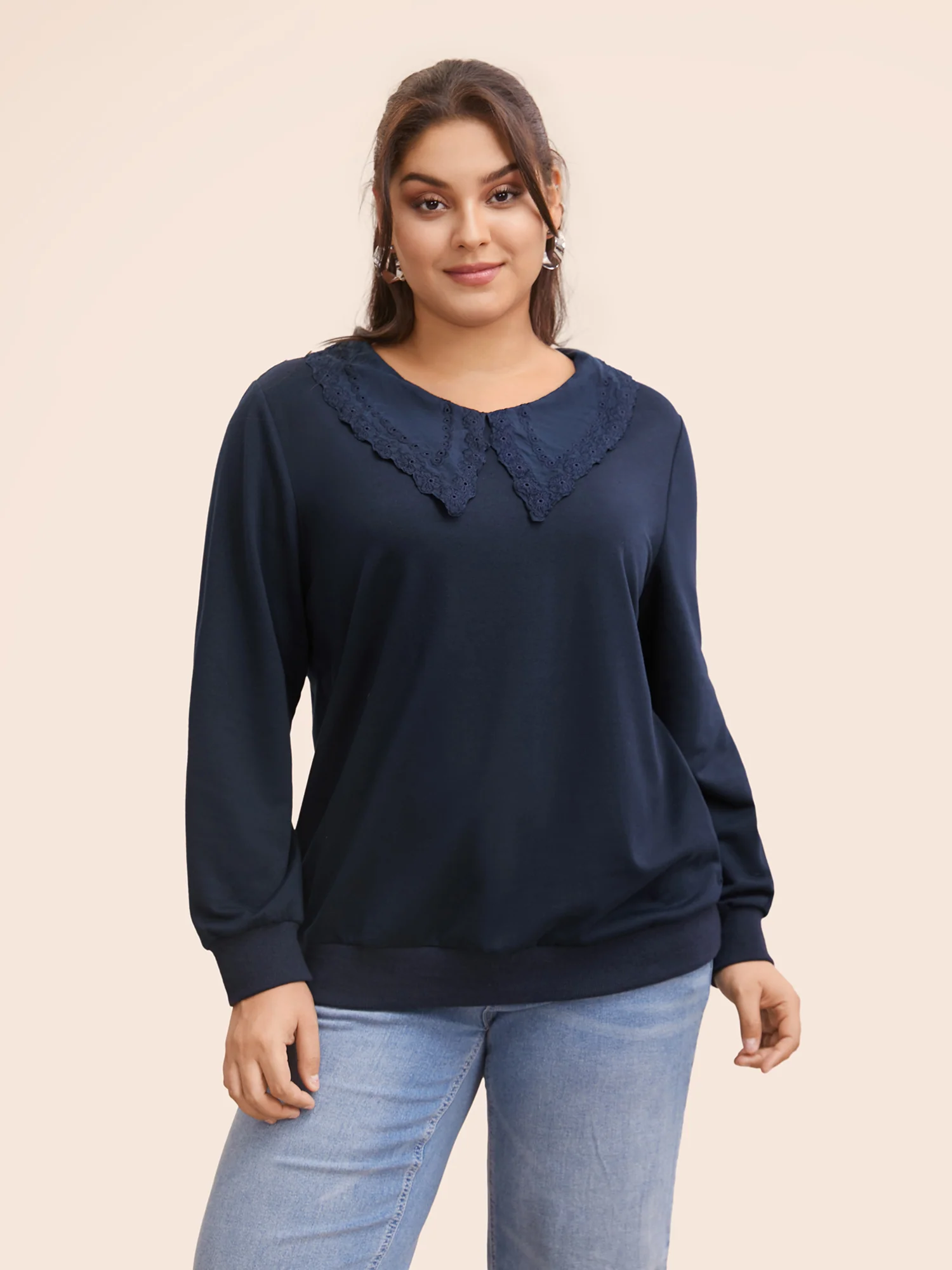 Solid Peter Pan Collar Patchwork Sweatshirt - Image 2