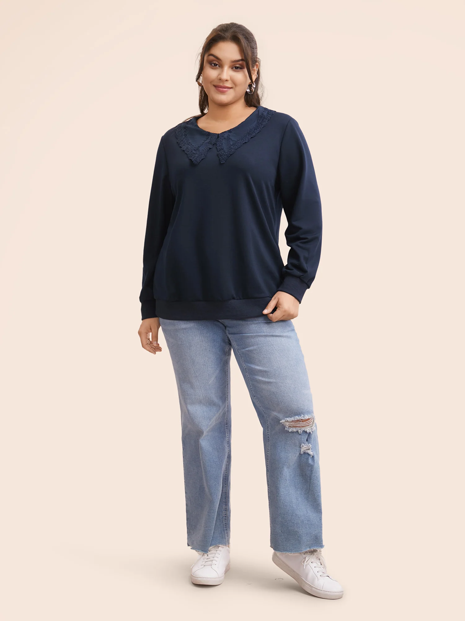 Solid Peter Pan Collar Patchwork Sweatshirt - Image 4