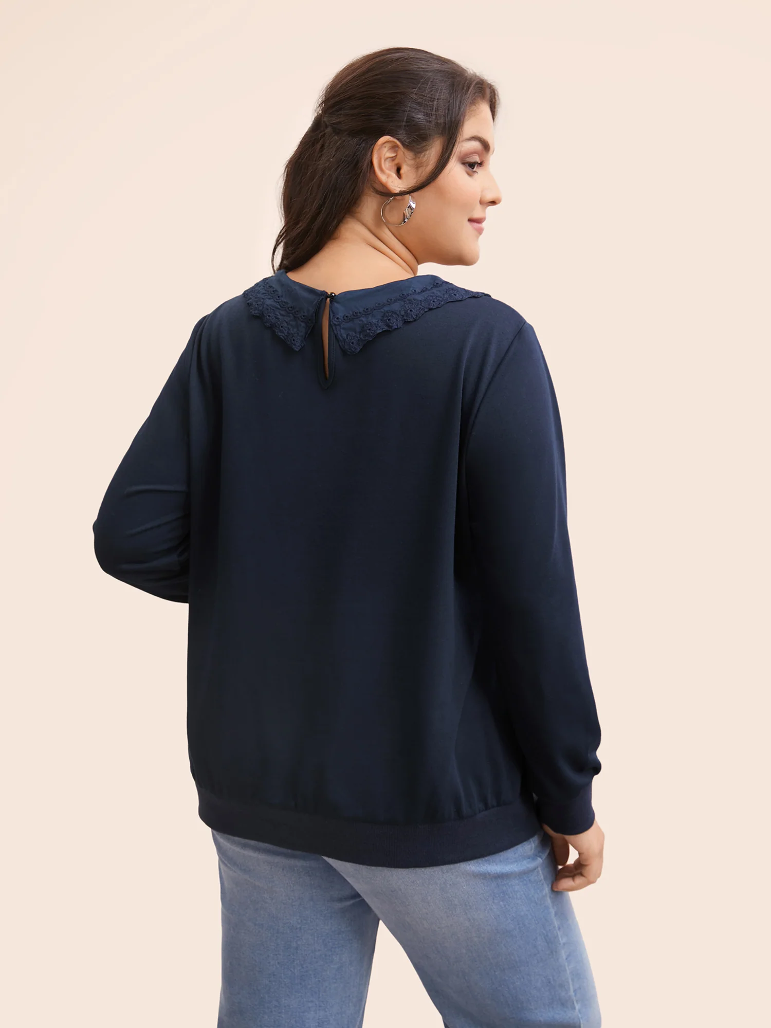 Solid Peter Pan Collar Patchwork Sweatshirt - Image 5