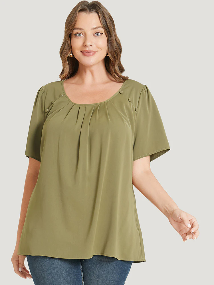 Solid Pleated Button Detail Blouse - Image 2