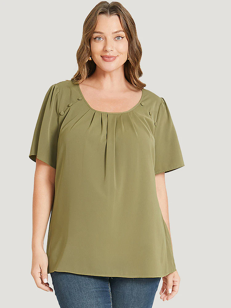Solid Pleated Button Detail Blouse - Image 3