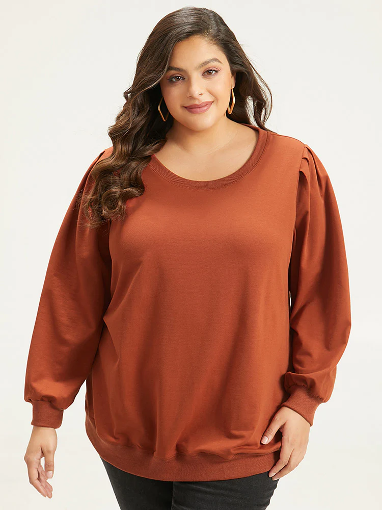 Solid Pleated Detail Elastic Cuffs Sweatshirt - Image 2