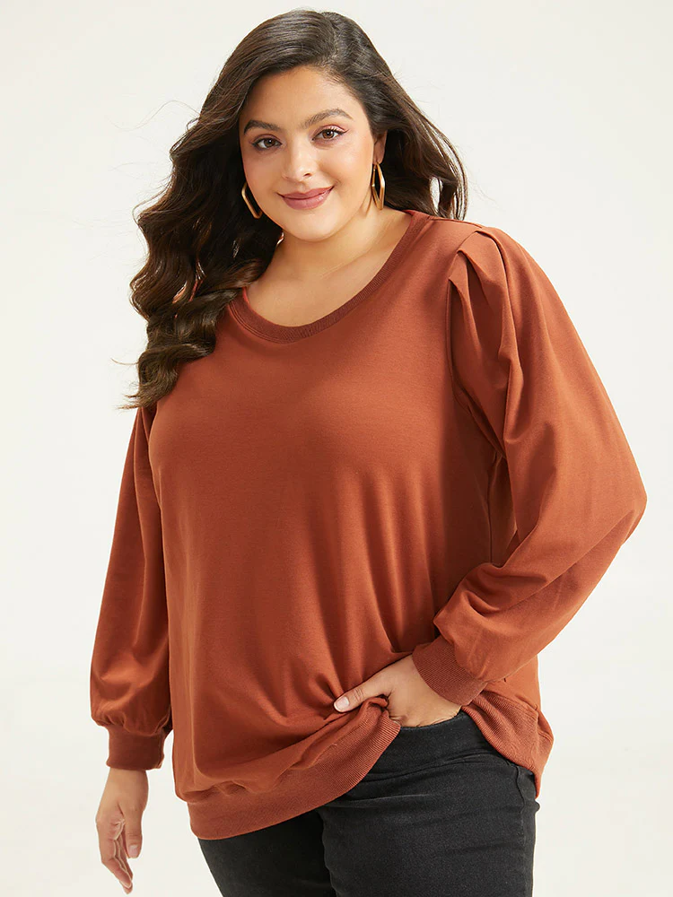 Solid Pleated Detail Elastic Cuffs Sweatshirt - Image 3