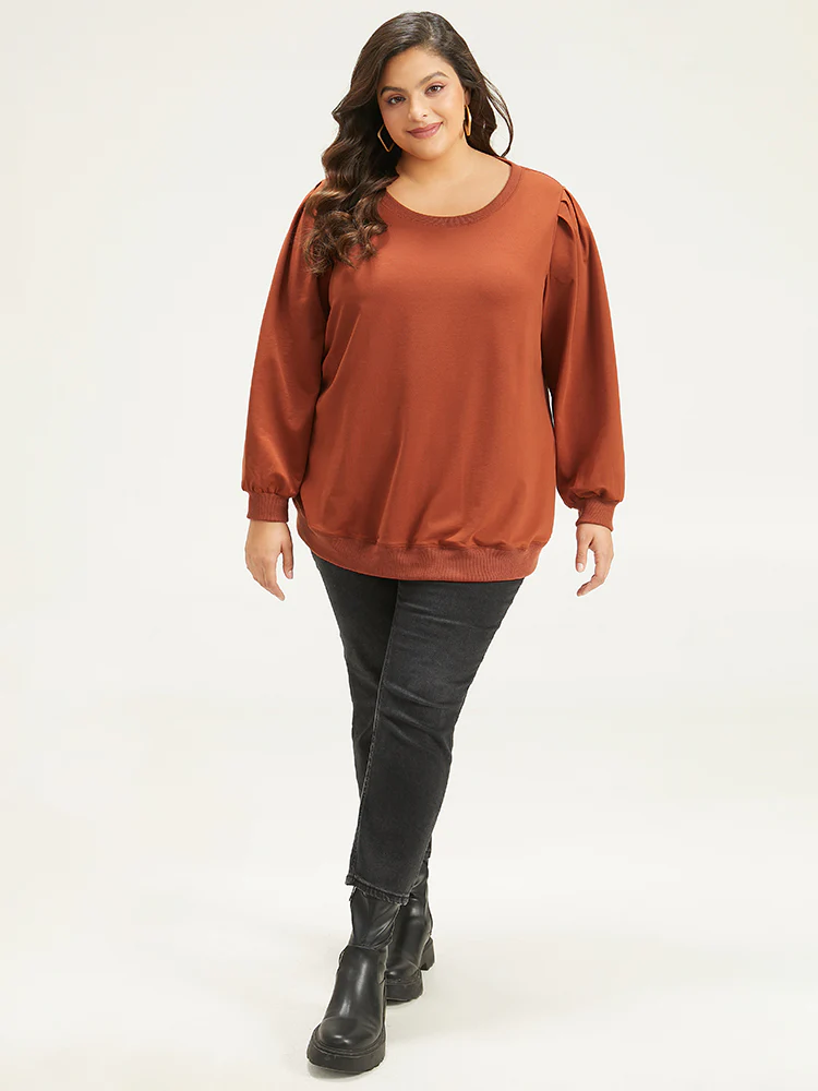 Solid Pleated Detail Elastic Cuffs Sweatshirt - Image 4