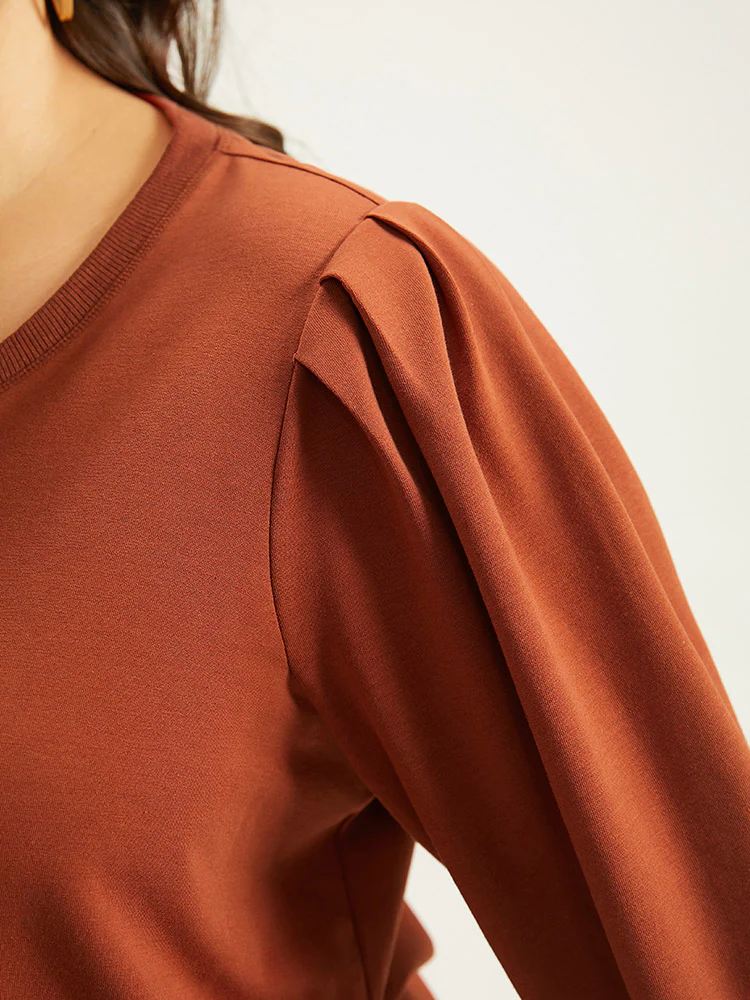 Solid Pleated Detail Elastic Cuffs Sweatshirt - Image 6