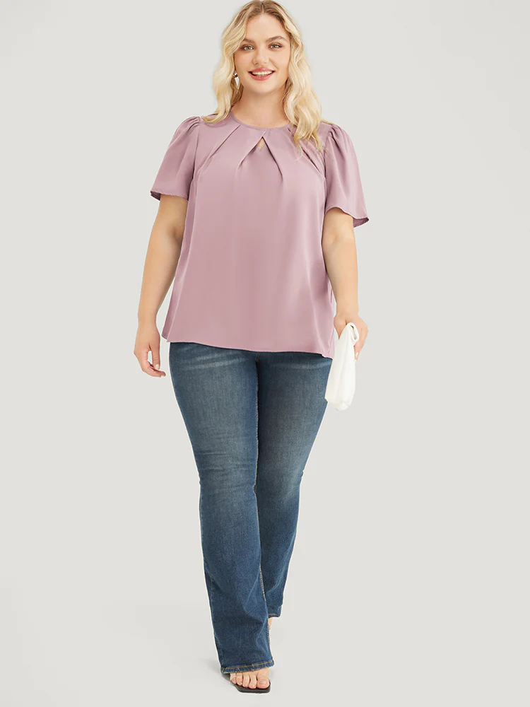 Solid Pleated Detail Keyhole Puff Sleeve Blouse - Image 2