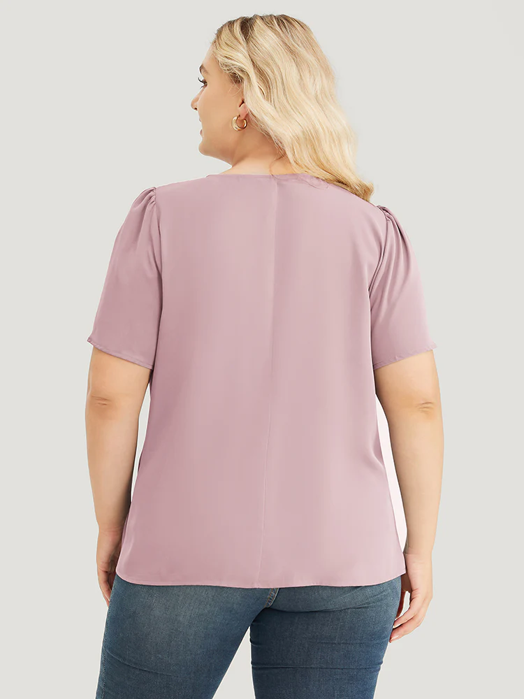Solid Pleated Detail Keyhole Puff Sleeve Blouse - Image 3