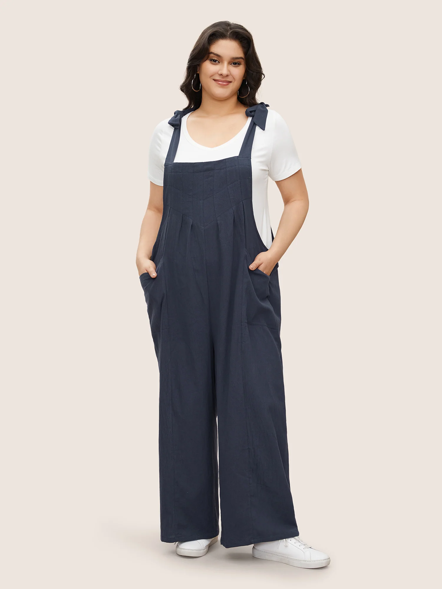Solid Pleated Detail Pocket Knotted Shoulder Overall Jumpsuit - Image 2