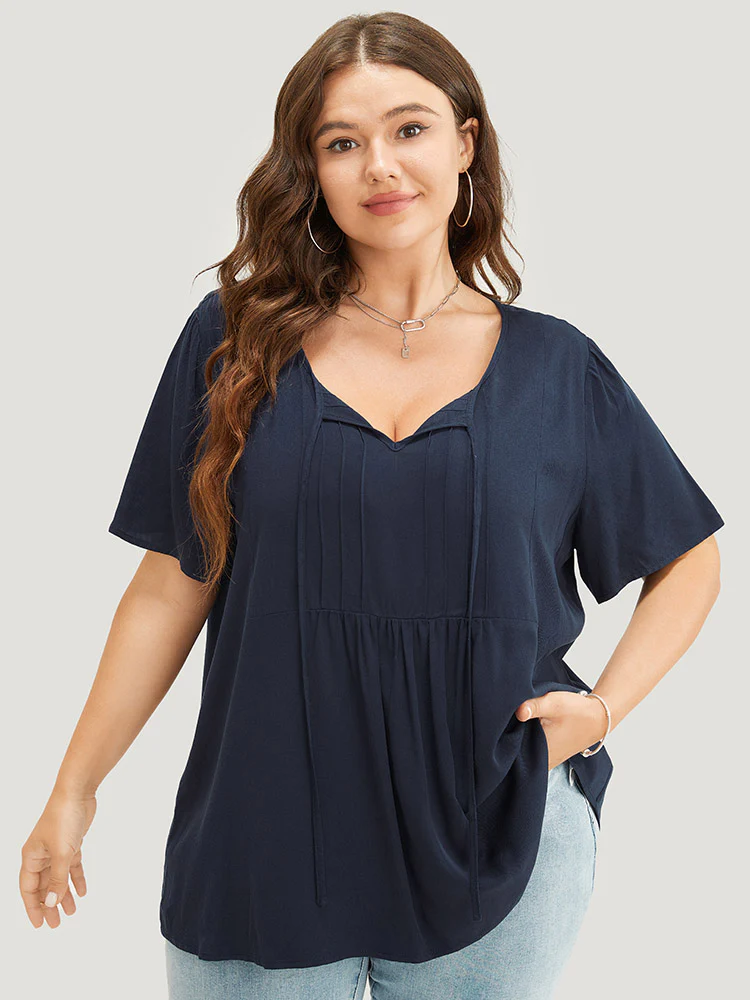 Solid Pleated Detail Tie Neck Ruffle Blouse - Image 2
