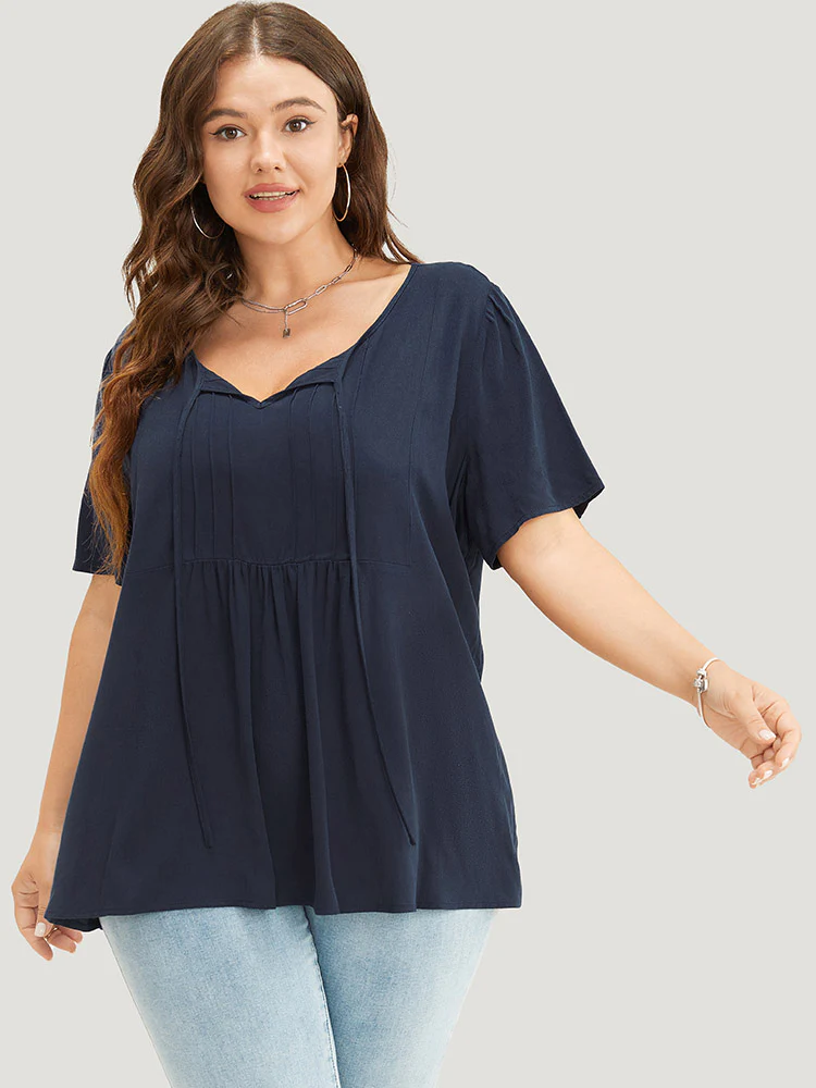 Solid Pleated Detail Tie Neck Ruffle Blouse - Image 3