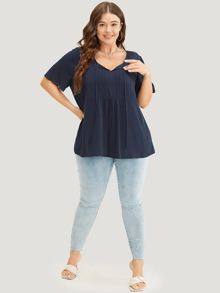 Solid Pleated Detail Tie Neck Ruffle Blouse - Image 4