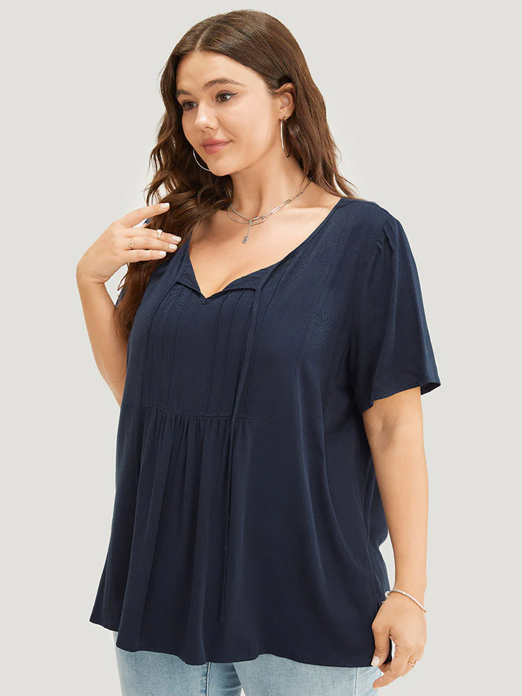 Solid Pleated Detail Tie Neck Ruffle Blouse - Image 5