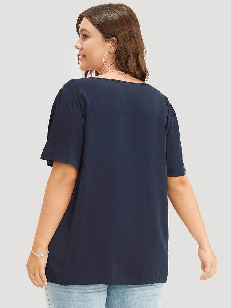 Solid Pleated Detail Tie Neck Ruffle Blouse - Image 6