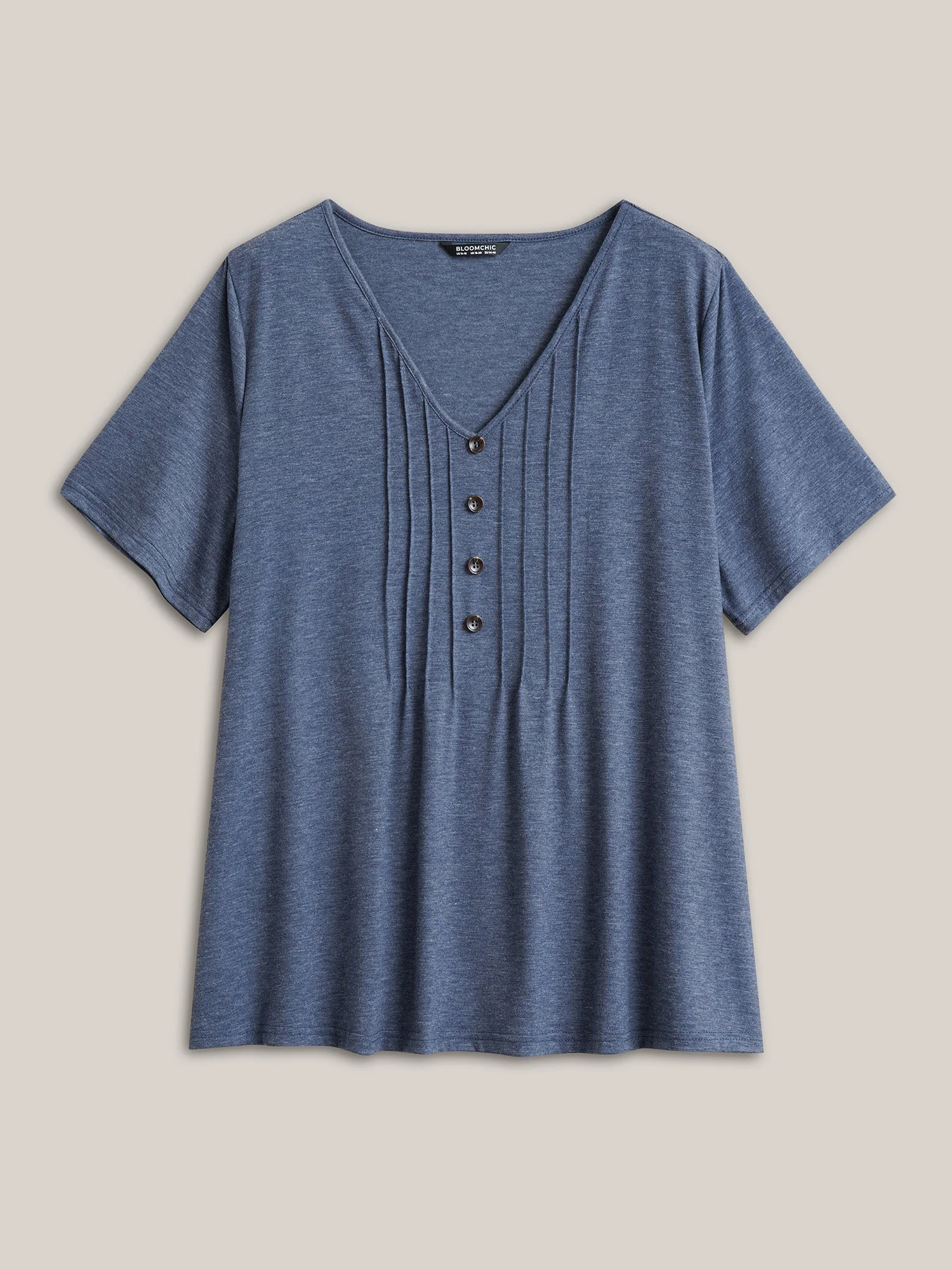 Solid Pleated Front Button Detail V Neck T-shirt - Image 7