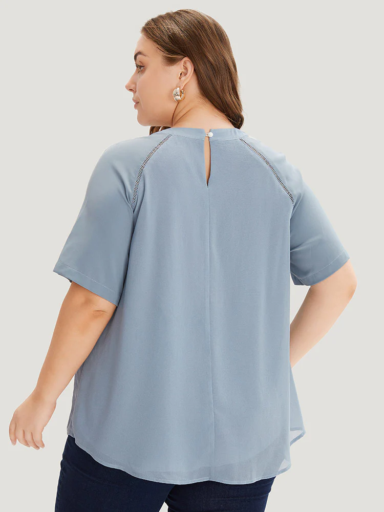 Solid Pleated Raglan Sleeve Patchwork Blouse - Image 2