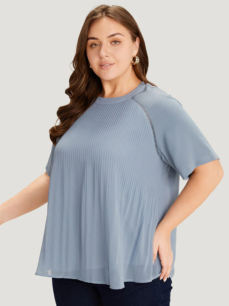 Solid Pleated Raglan Sleeve Patchwork Blouse - Image 3