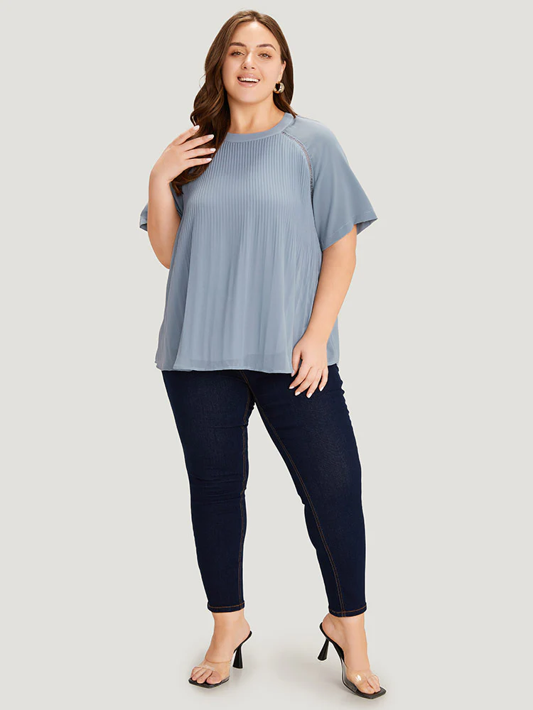 Solid Pleated Raglan Sleeve Patchwork Blouse - Image 4