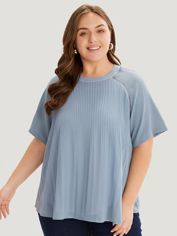 Solid Pleated Raglan Sleeve Patchwork Blouse - Image 5