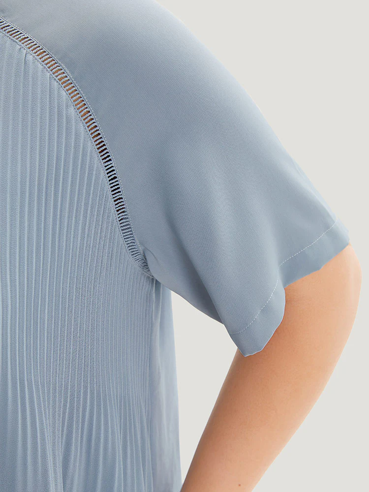 Solid Pleated Raglan Sleeve Patchwork Blouse - Image 8