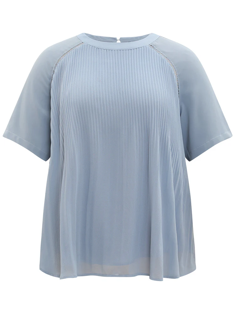 Solid Pleated Raglan Sleeve Patchwork Blouse - Image 9