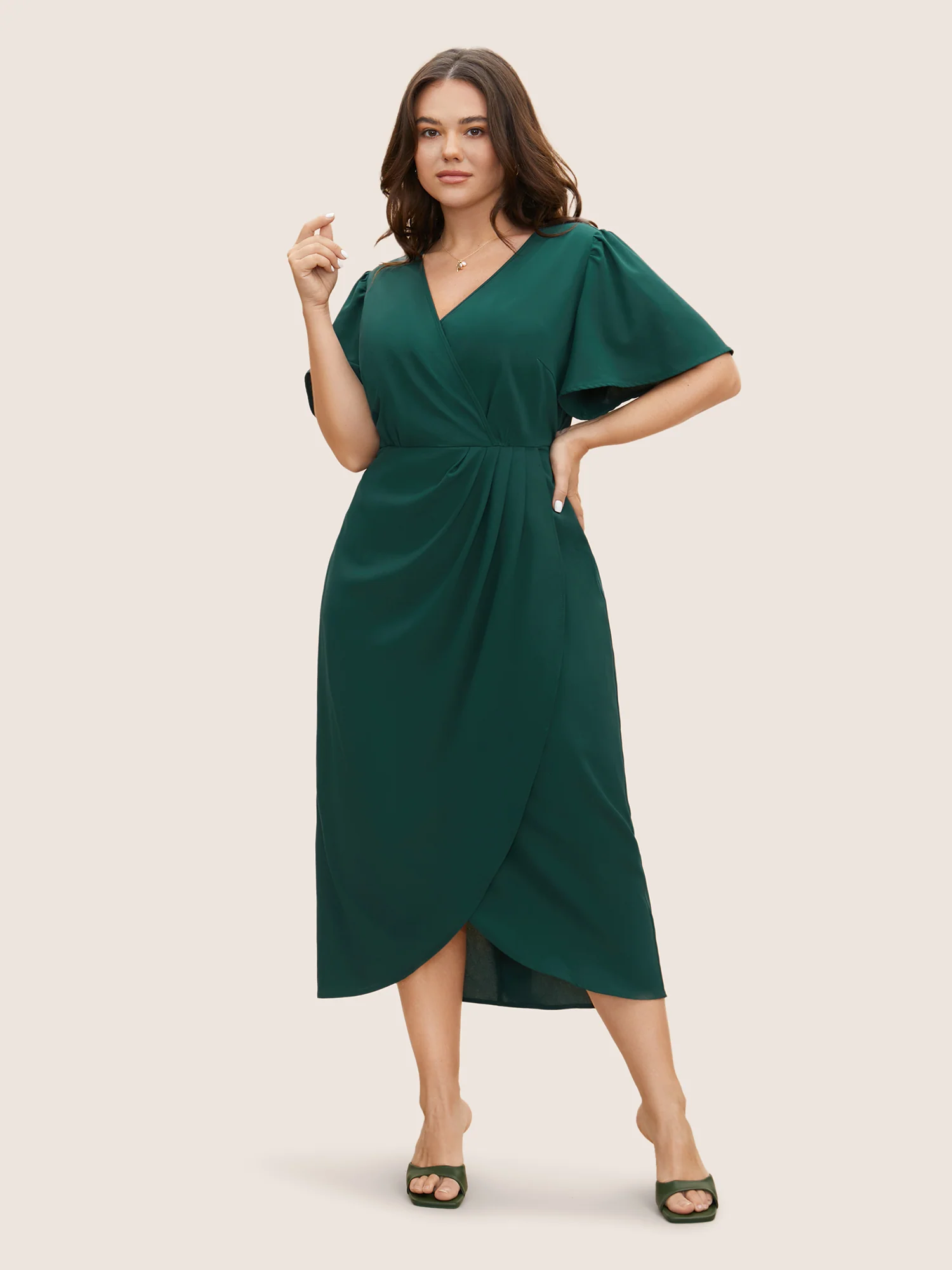 Solid Pleated Ruffle Sleeve Wrap Hem Dress - Image 2