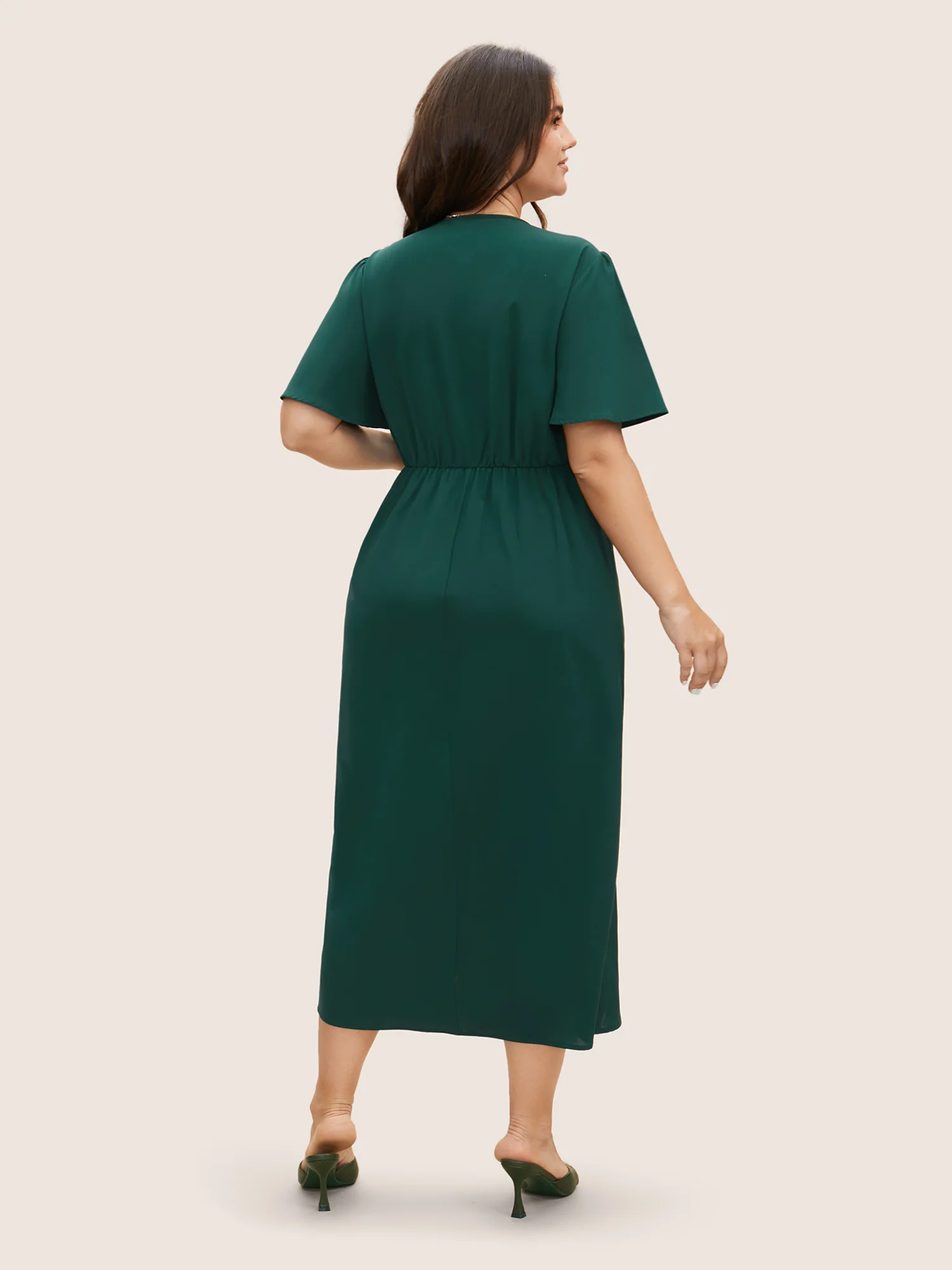 Solid Pleated Ruffle Sleeve Wrap Hem Dress - Image 3