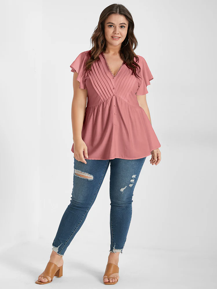 Solid Pleated Ruffled Button Lace V Neck Blouse - Image 2