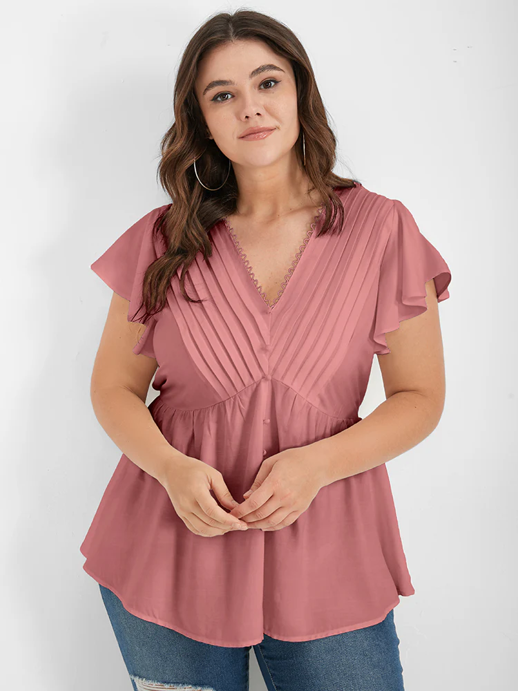 Solid Pleated Ruffled Button Lace V Neck Blouse - Image 3
