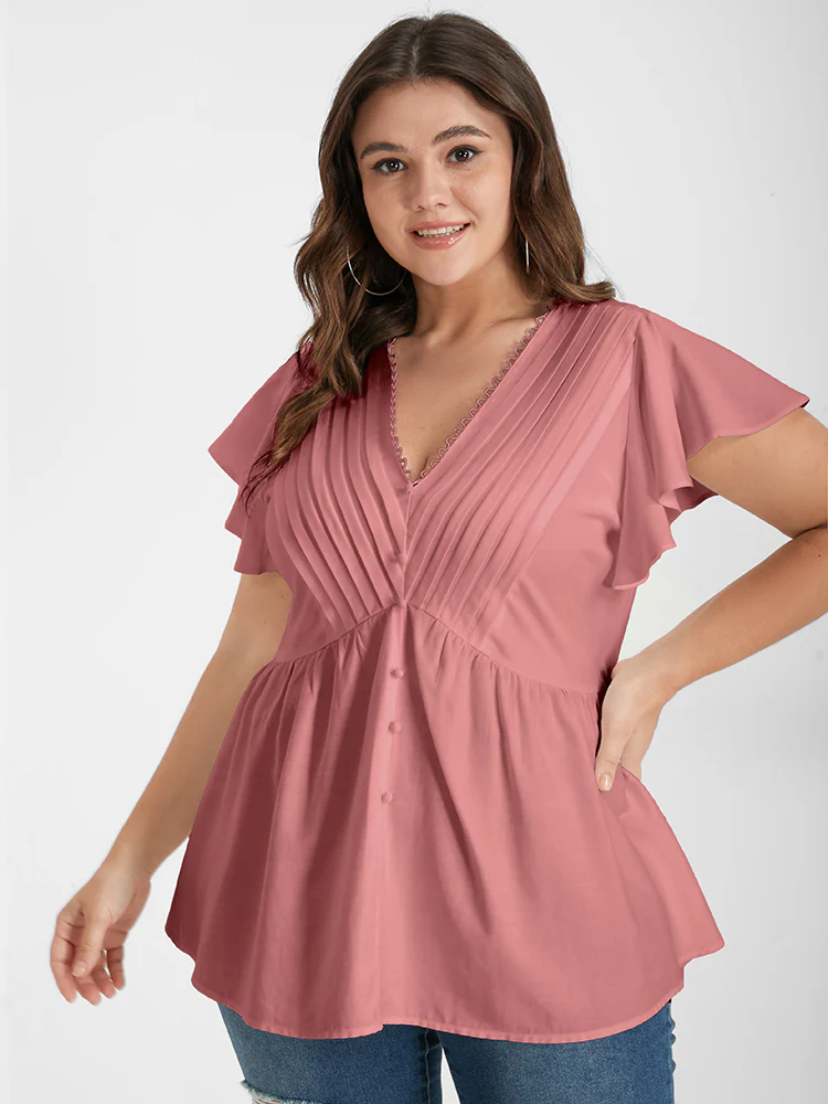 Solid Pleated Ruffled Button Lace V Neck Blouse - Image 4
