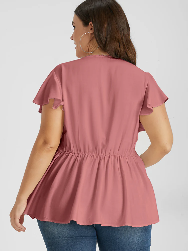 Solid Pleated Ruffled Button Lace V Neck Blouse - Image 5