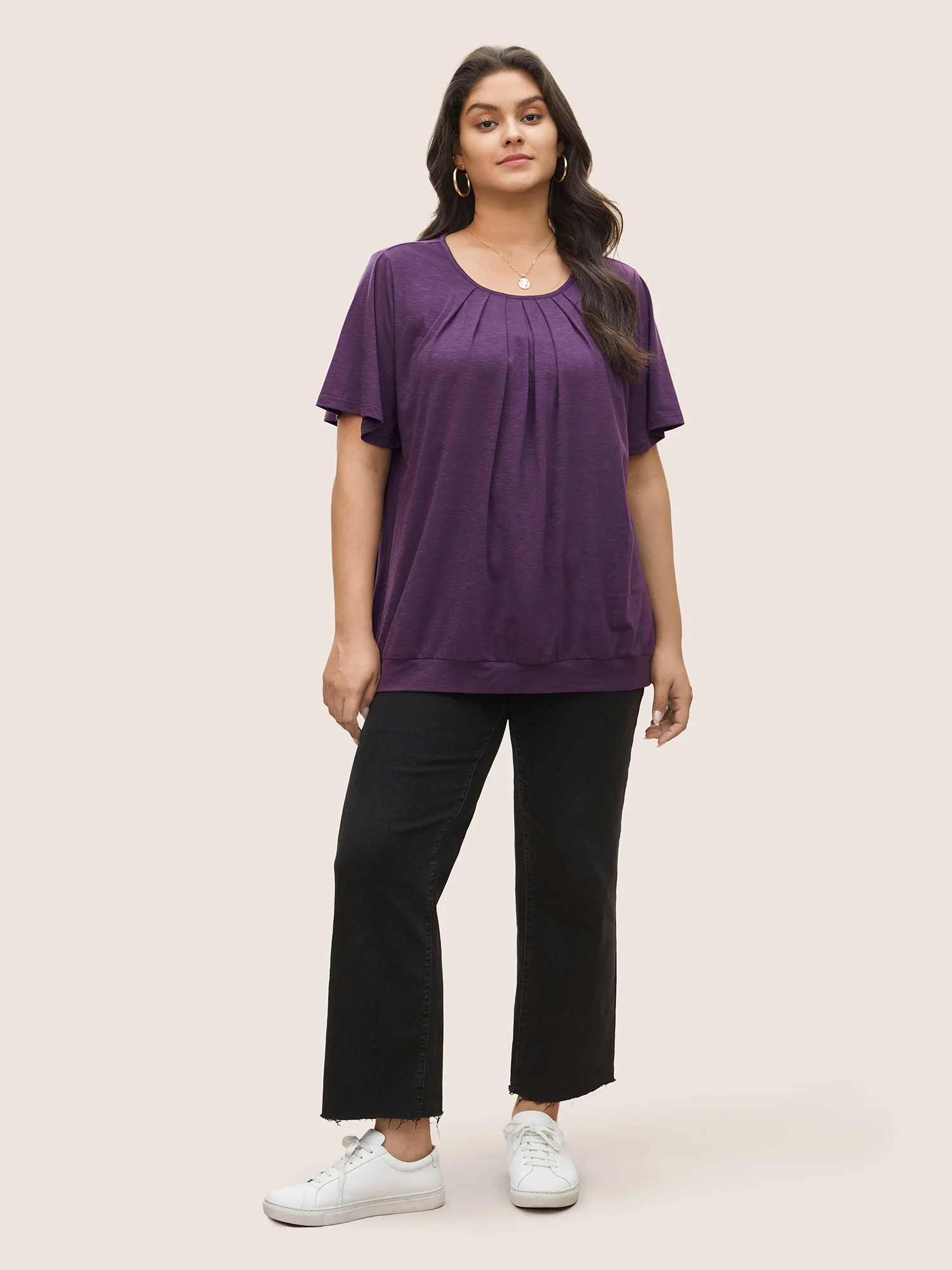 Solid Plicated Detail Flutter Sleeve T-shirt - Image 3