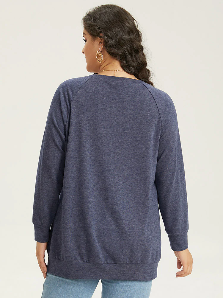 Solid Plicated Detail Raglan Sleeve Sweatshirt - Image 2