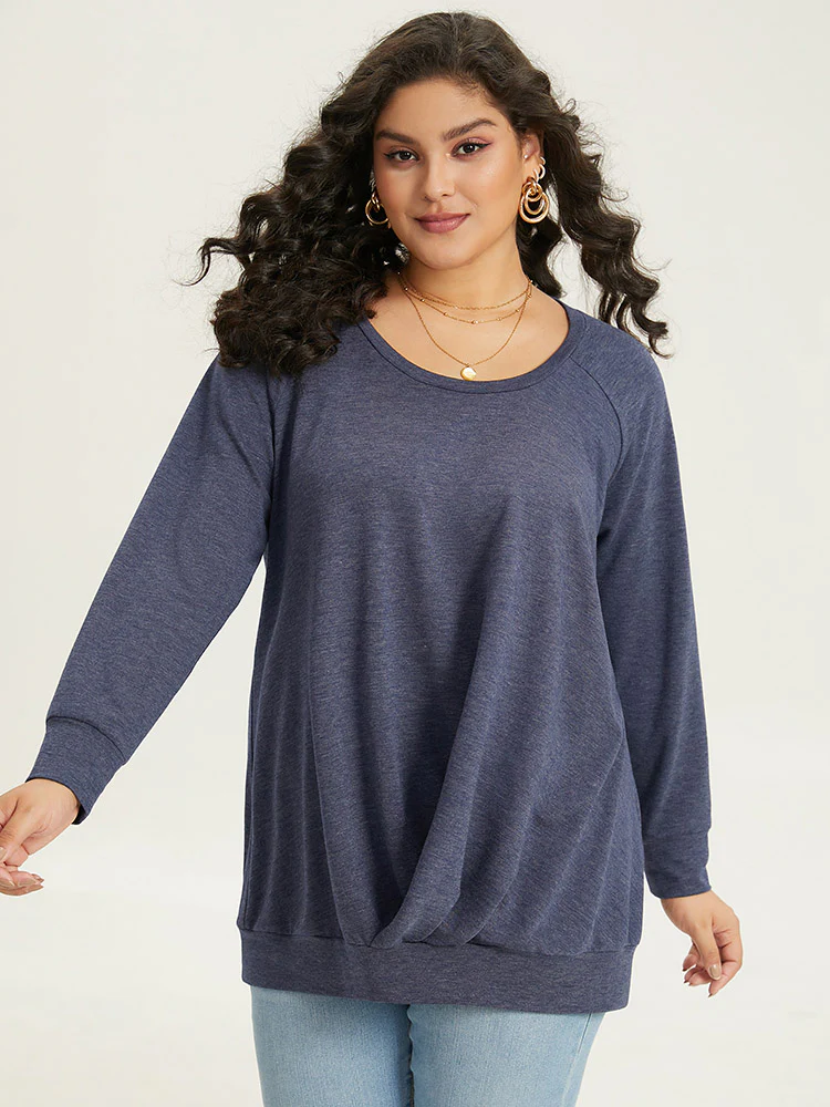 Solid Plicated Detail Raglan Sleeve Sweatshirt - Image 5