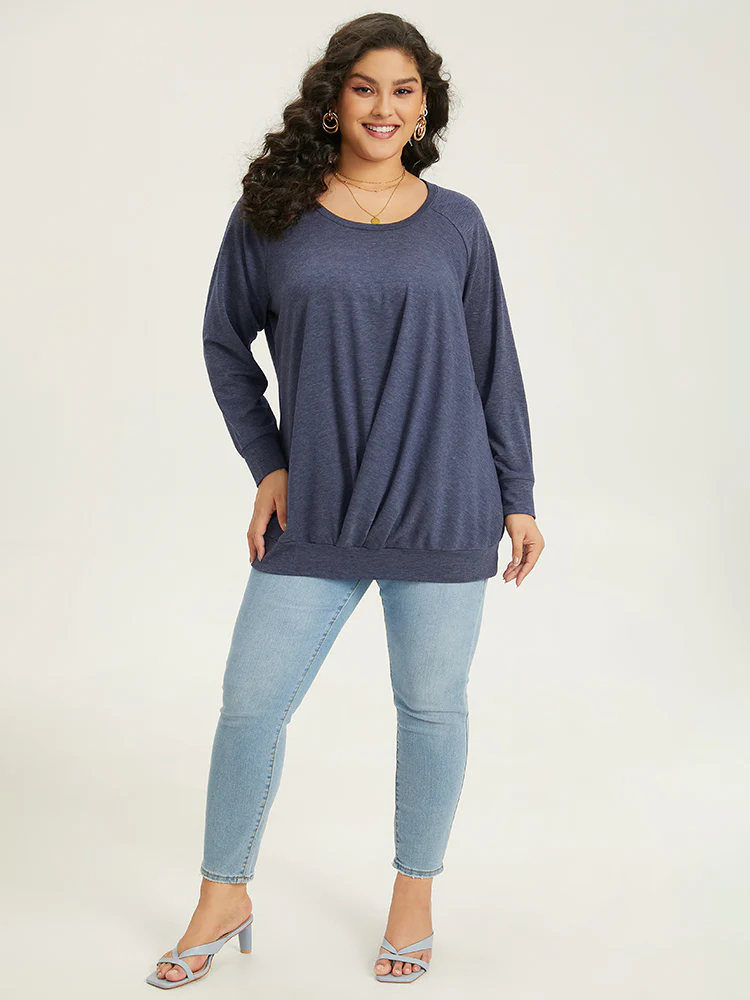 Solid Plicated Detail Raglan Sleeve Sweatshirt - Image 6
