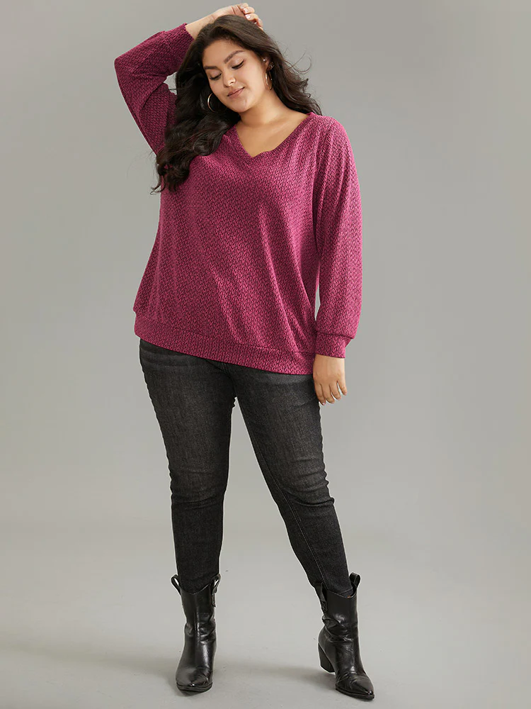 Solid Plisse Elastic Cuffs V Neck Sweatshirt - Image 3