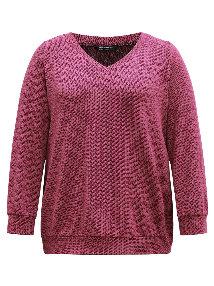 Solid Plisse Elastic Cuffs V Neck Sweatshirt - Image 5