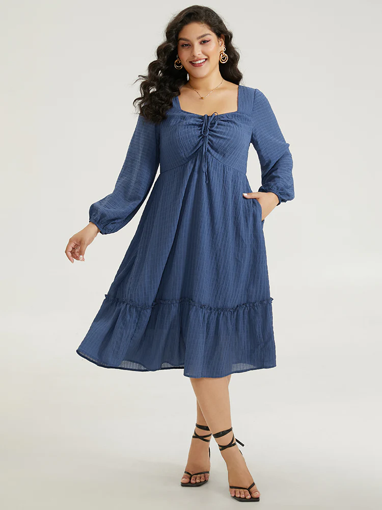Solid Plisse Ties Frill Trim Ruched Dress - Image 2