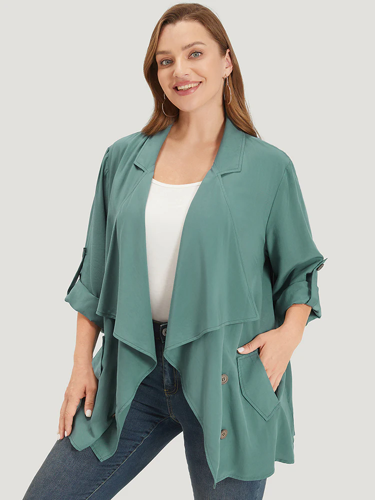 Solid Pocket Asymmetrical Neck Roll Tab Sleeve Jacket - Image 2