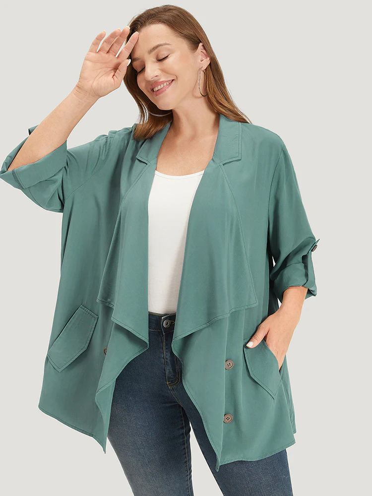 Solid Pocket Asymmetrical Neck Roll Tab Sleeve Jacket - Image 3