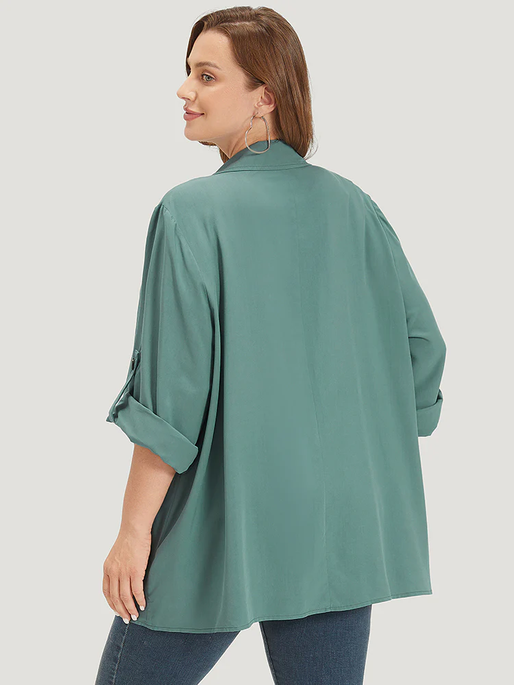 Solid Pocket Asymmetrical Neck Roll Tab Sleeve Jacket - Image 4
