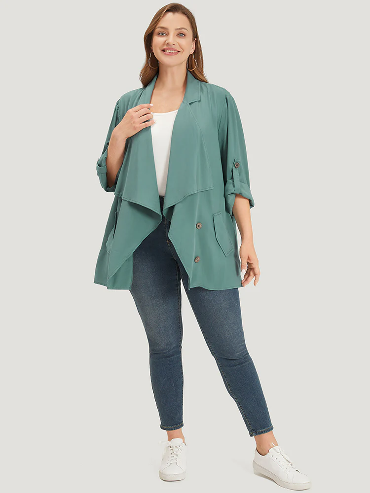 Solid Pocket Asymmetrical Neck Roll Tab Sleeve Jacket - Image 5