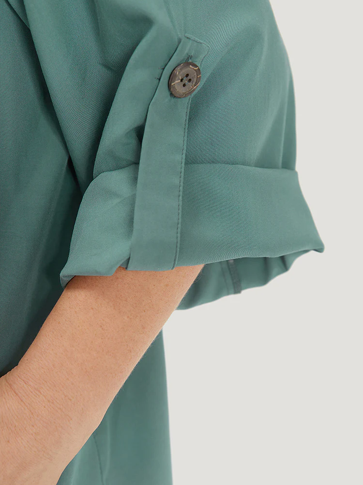 Solid Pocket Asymmetrical Neck Roll Tab Sleeve Jacket - Image 7