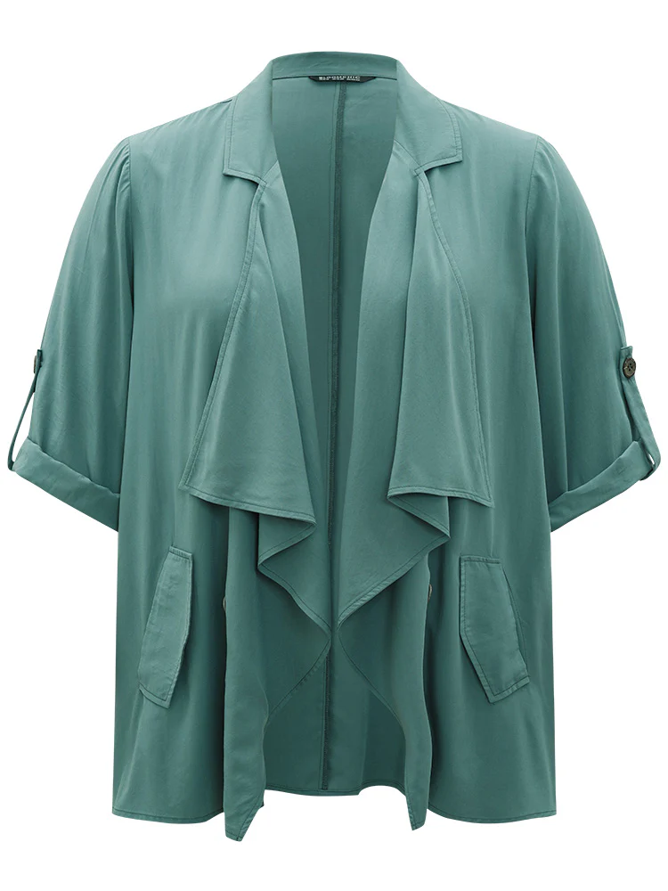 Solid Pocket Asymmetrical Neck Roll Tab Sleeve Jacket - Image 9