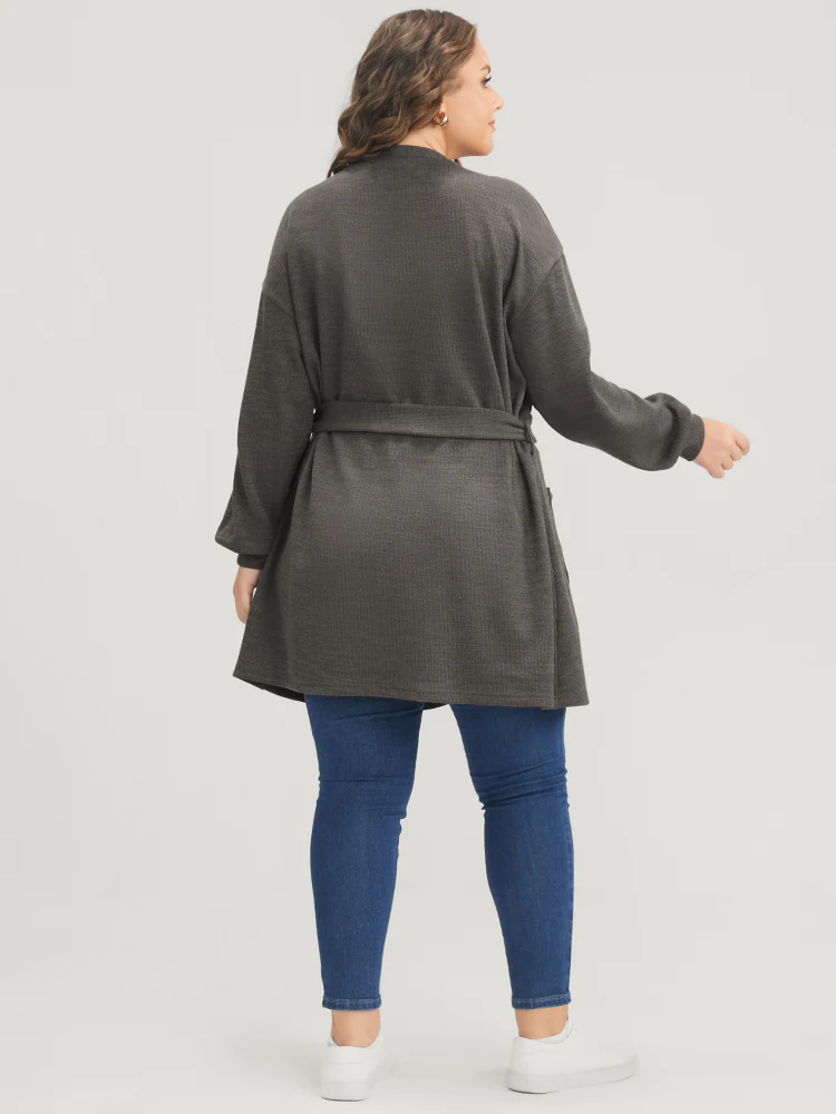 Solid Pocket Belted Open Front Heather Coat - Image 2