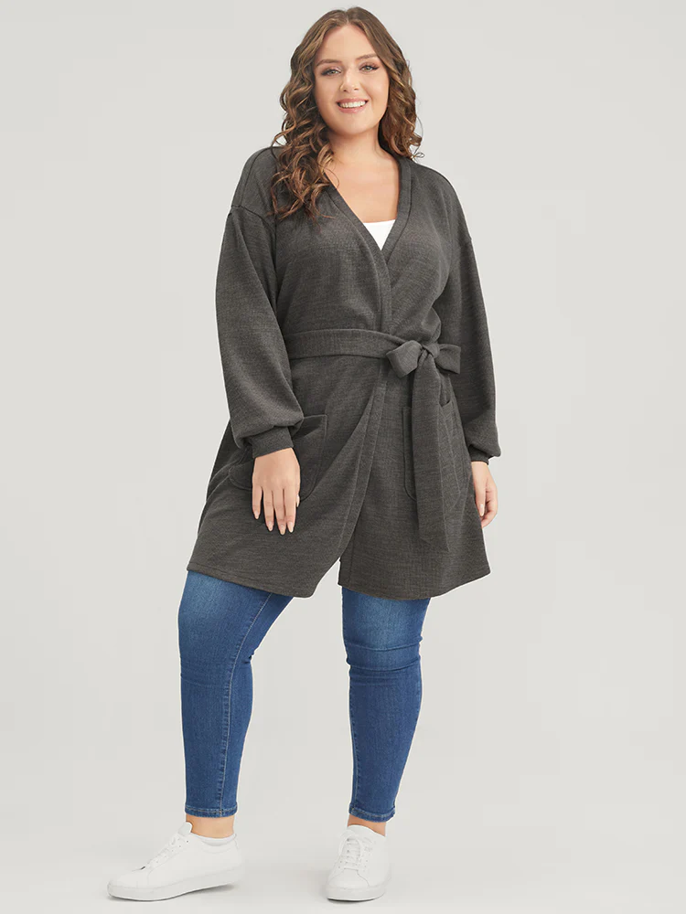 Solid Pocket Belted Open Front Heather Coat - Image 3