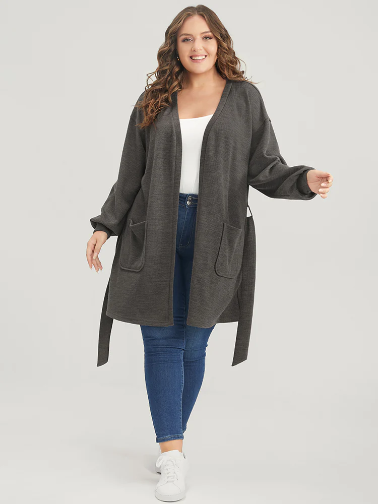 Solid Pocket Belted Open Front Heather Coat - Image 4