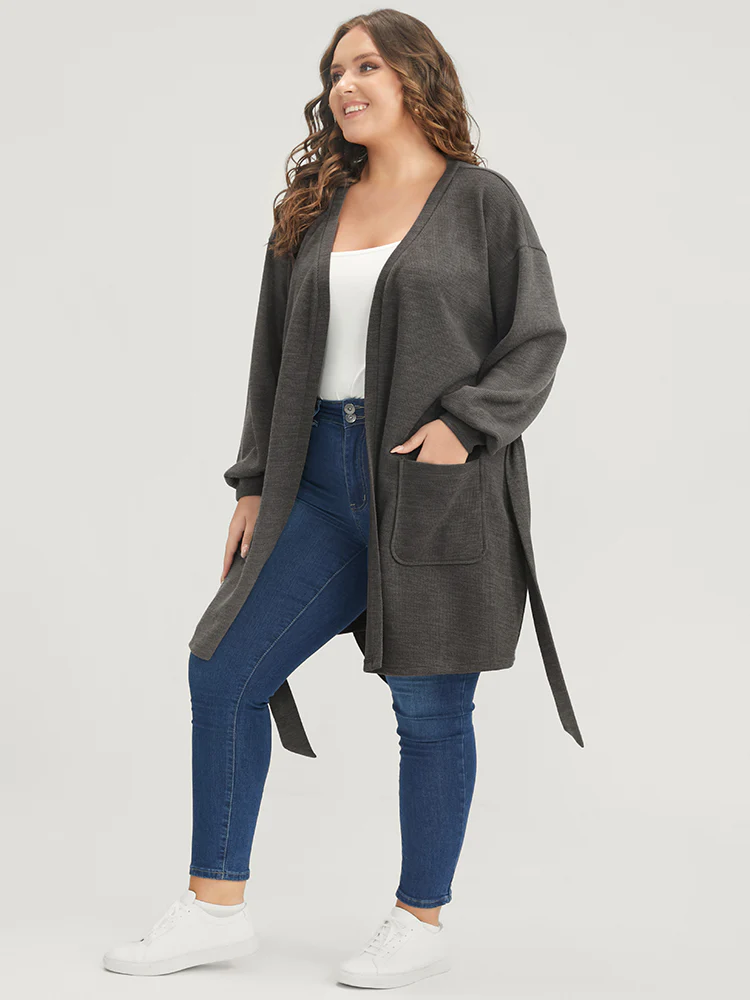 Solid Pocket Belted Open Front Heather Coat - Image 5